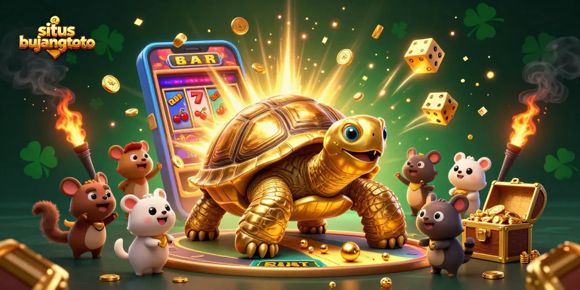 Experience the thrill of situs bujangtoto with a vibrant illustration featuring a golden tortoise pinball machine amid a jackpot explosion.