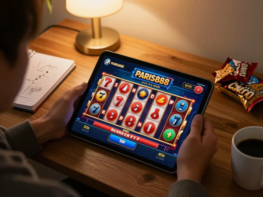 Experience the thrill of paris888 online gambling with a tablet showcasing casino gameplay in a cozy home environment.