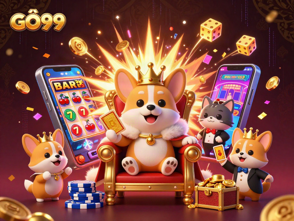 Experience the excitement of GÔ99 with this vibrant 3D casino scene featuring playful characters and dynamic game elements.