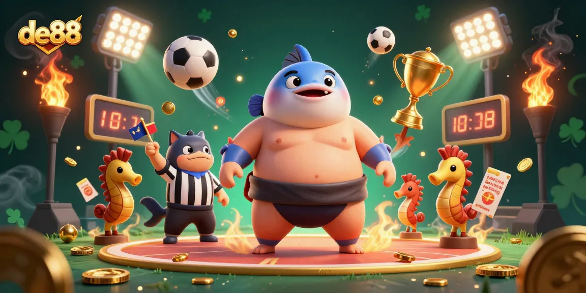 Engage with the dynamic underwater scene at de88 where the blowfish sumo wrestler competes with energetic elements and gold coins.