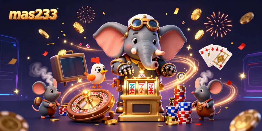 Merayakan jackpot mas233 dengan mesin slot, koin emas berhamburan dan suasana kasino yang meriah.