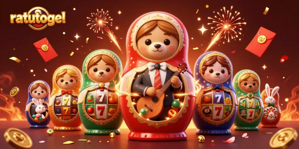Play ratutogel and engage with vibrant casino elements featuring bears and a serenading rabbit.