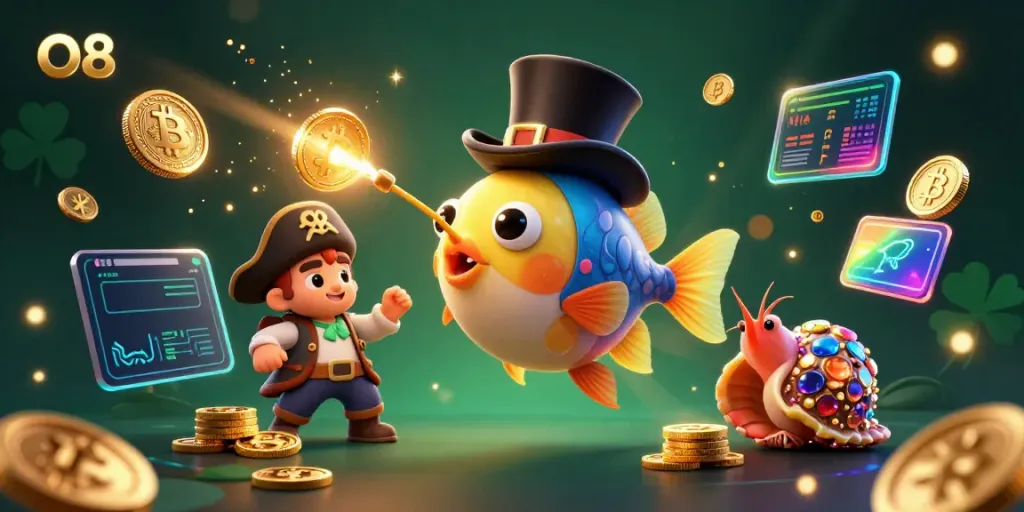 Engage in thrilling games at O8 with a lively depiction of an anglerfish attracting golden coins in an underwater casino.