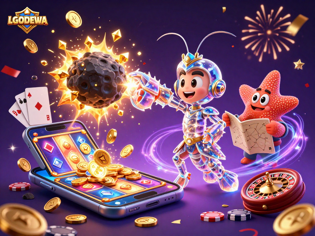 Engage with LGODEWA's vibrant 3D casino scene featuring colorful slots, gems, and a galactic samurai.