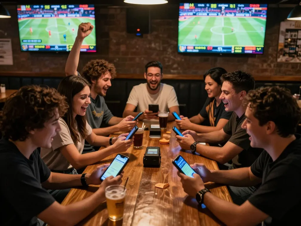 Friends placing bets on fabet while watching live sports in a lively bar atmosphere