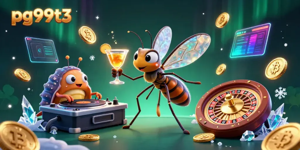 Win big at pg99t3 with the lively casino scene featuring a frozen mosquito mascot and fossil DJ.