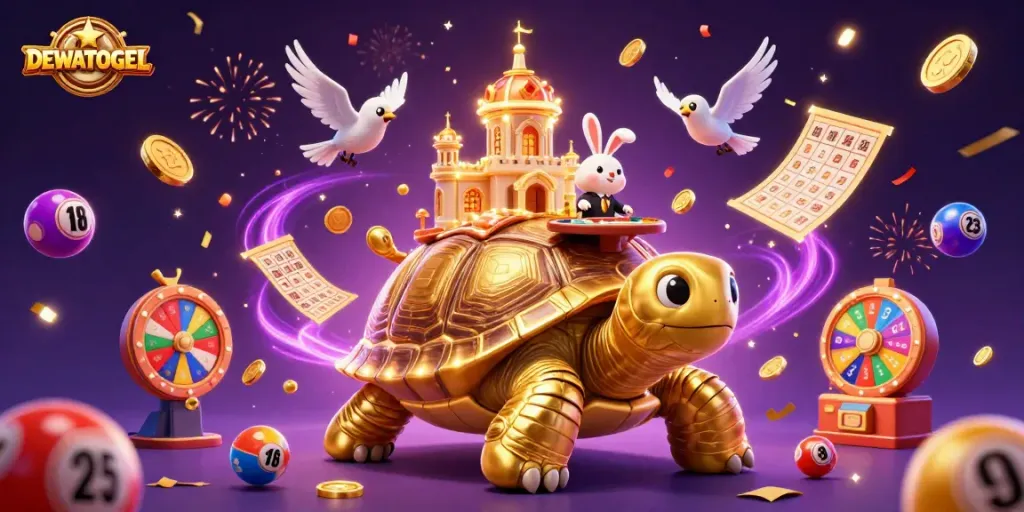 Engage in winning strategies with DEWATOGEL's vibrant lottery-themed illustration featuring lively characters.