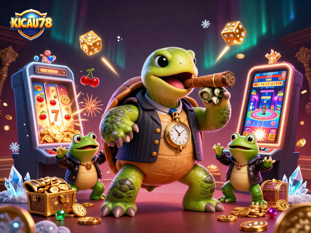 KICAU678 showcases a vibrant casino scene with a stylish turtle and frog enforcers amidst action-packed gaming elements.