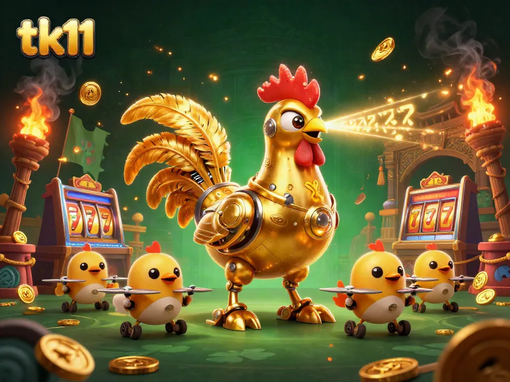 Engage with tk11's thrilling slot action featuring a dynamic golden rooster robot and baby chick drones.