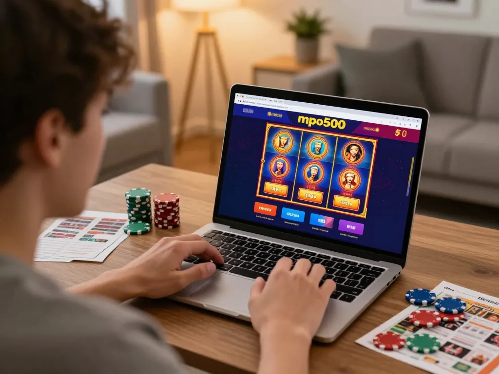 Engaging player focusing on mpo500 online casino experience at home, showcasing excitement and strategy