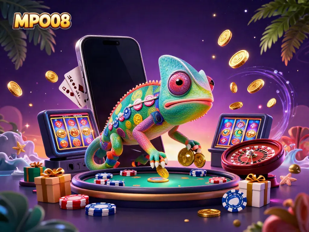 Experience gaming excitement with MPO08, the chameleon casino owner amidst animated slot games and vibrant casino elements.