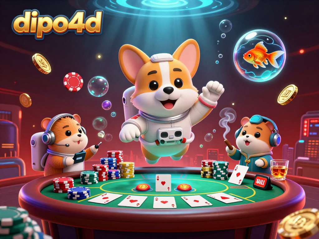 Dipo4d promotes an exciting casino experience with a floating astronaut corgi in a thrilling space environment.