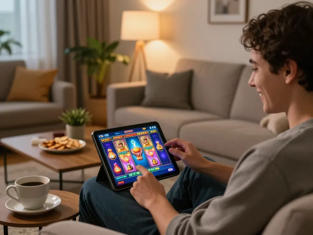 Player enjoying slot gacor games at home on tablet, colorful interface on screen, cozy atmosphere