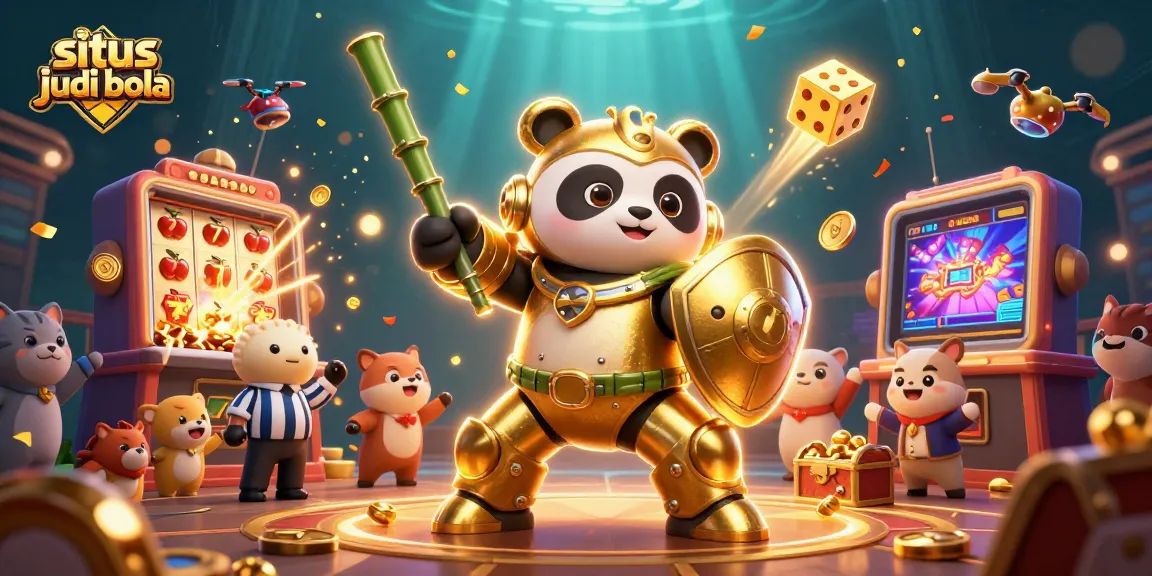 Situs judi bola showcases a vibrant 3D casino scene with a golden panda in mech-suit amidst an explosion of jackpots.