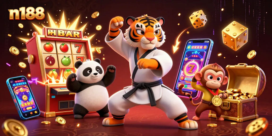 N188 players engage in thrilling slot action, capturing excitement with vibrant reels and golden symbols.