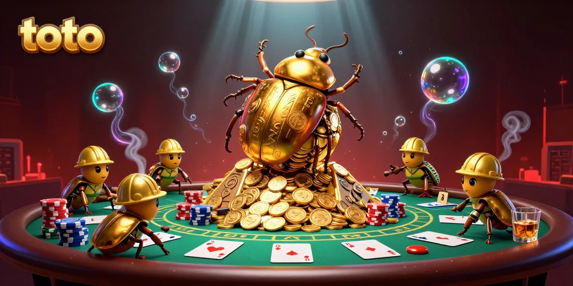 Experience thrilling toto gaming with a dynamic scene featuring golden beetles and poker elements.