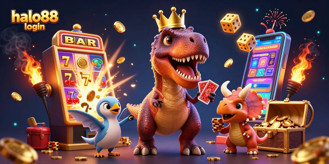 Memainkan halo88 login dengan T-Rex dan karakter kartun lainnya dalam suasana kasino yang meriah.