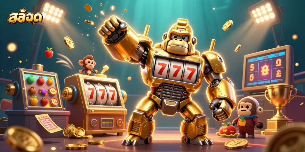 Play สล็อต as a golden gorilla mech bursts with coins and fruit symbols, dynamic casino illustration.
