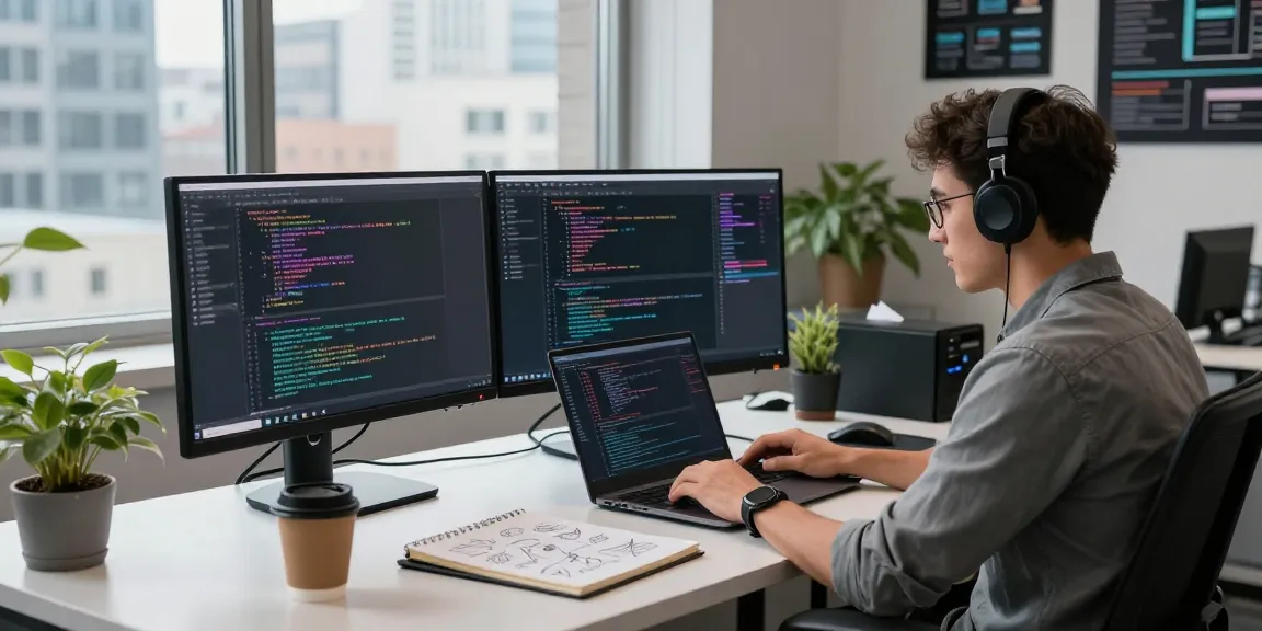 Pengembang perangkat lunak menggunakan UE99 di ruang kerja modern dengan kode di layar monitor.