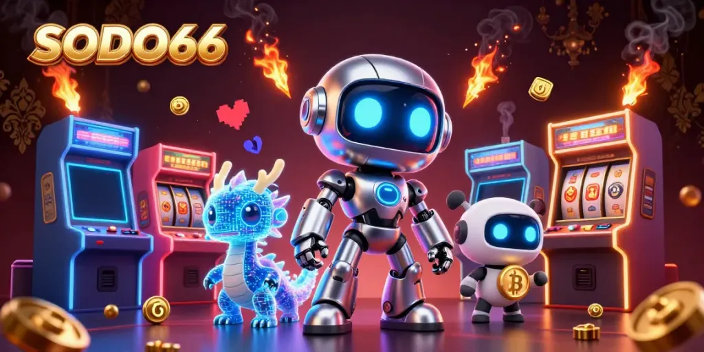 SODO66 welcomes players with engaging 3D casino atmosphere, featuring robotic characters and vibrant gaming elements.