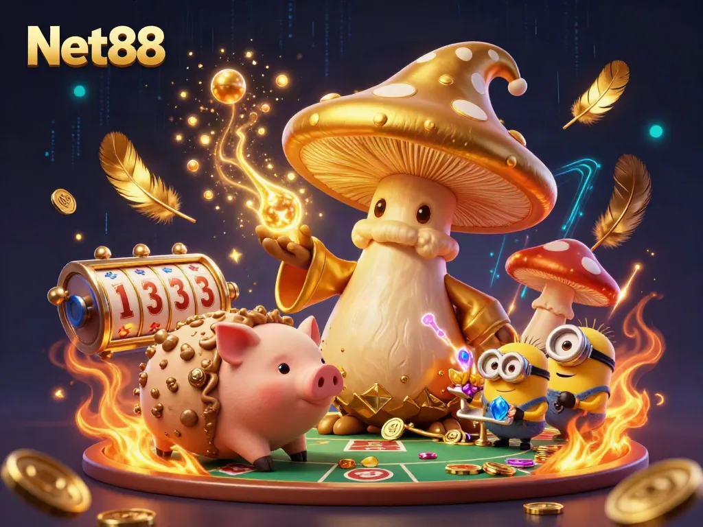 Experience the vibrant world of Net88, where gaming meets magic, featuring a wizard and treasure-hunting pig.