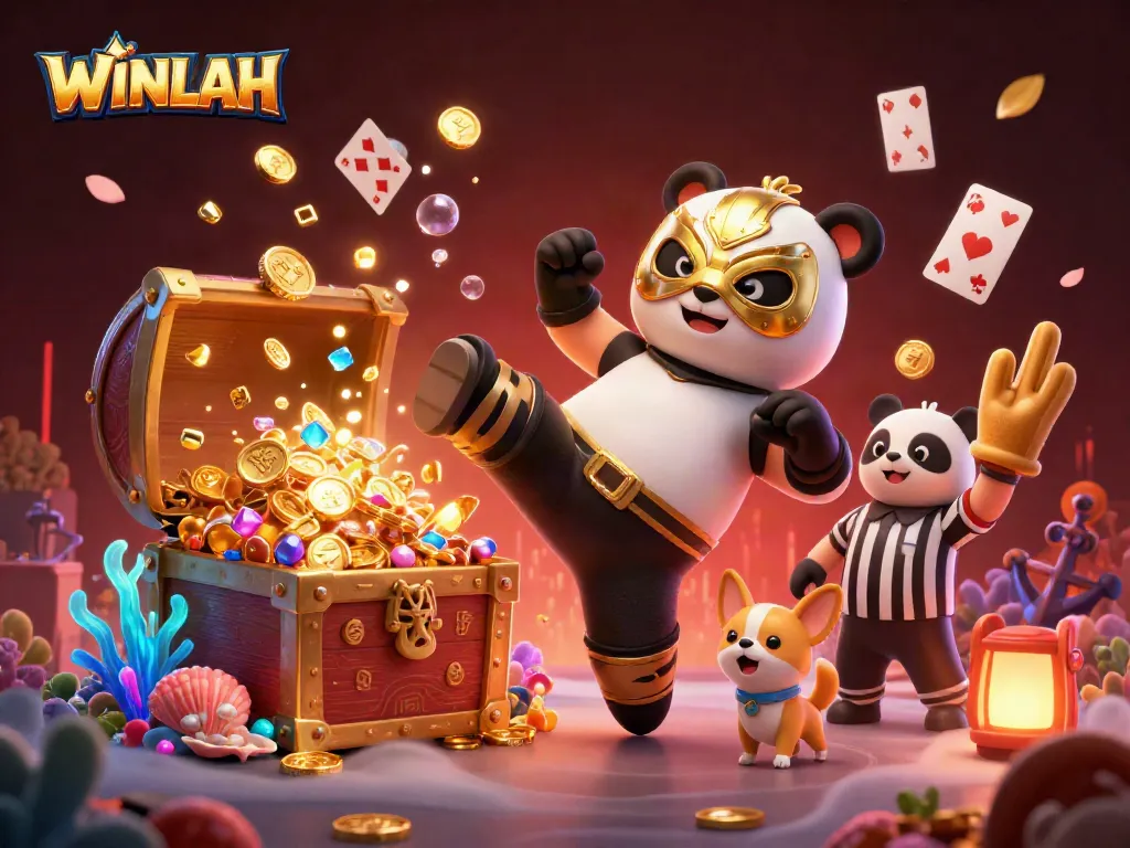 Experience the excitement of WINLAH with a cartoon panda wrestler in action amid a vibrant casino scene.