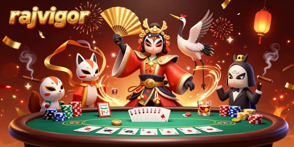 Experience the thrill of rajavigor with a kabuki warrior and poker elements in a vibrant casino scene.
