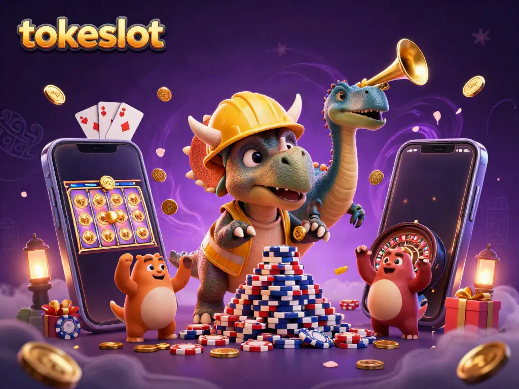 TOKESLOT offers exciting slots and games with vibrant action in a lively cartoon illustration.