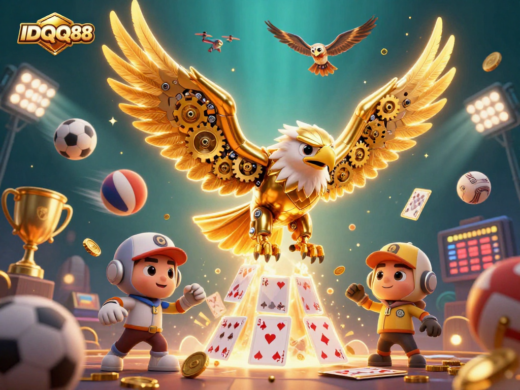 Experience the thrill at IDQQ88 with a cybernetic eagle and dynamic sports elements.