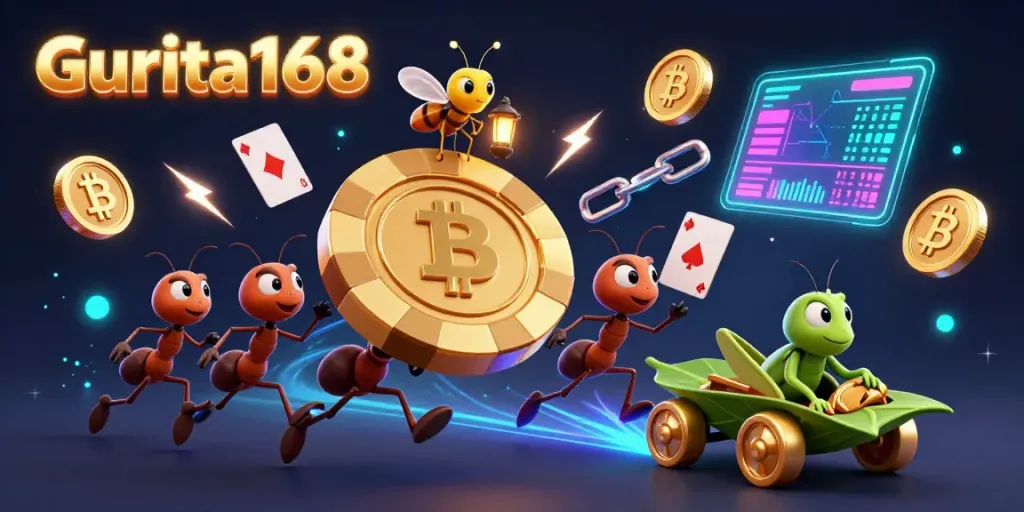 Gurita168 menampilkan tim semut 3D membawa chip poker emas dalam aksi heist seru.