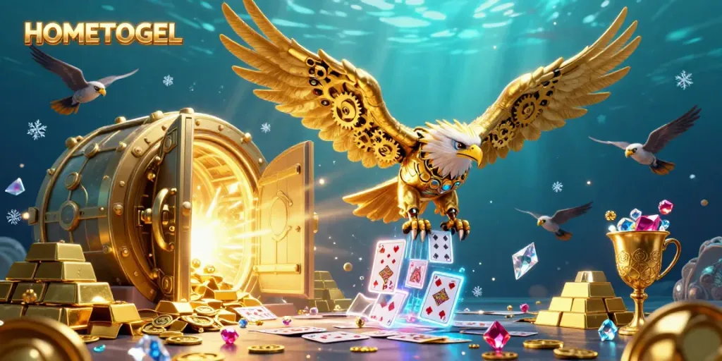 Experience the thrill of HOMETOGEL with a dynamic 3D illustration of a golden eagle diving through holographic cards.
