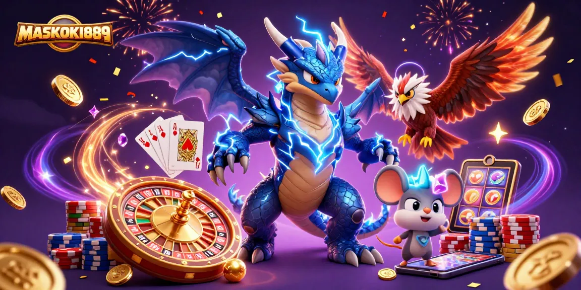 Engage with thrilling games at MASKOKI889, featuring a captivating 3D casino scene full of dynamic elements.