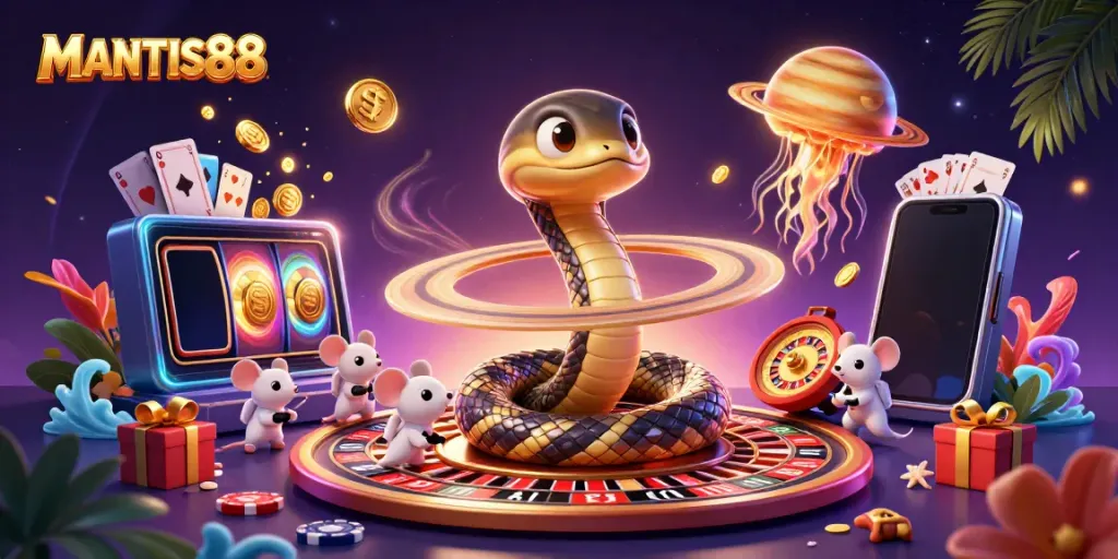 Experience vibrant gaming with MANTIS88's unique casino-themed 3D illustration featuring cosmic elements.