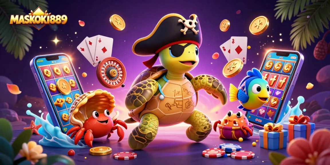 Engage in exciting gaming with MASKOKI889 as a pirate turtle and friends explore treasures.