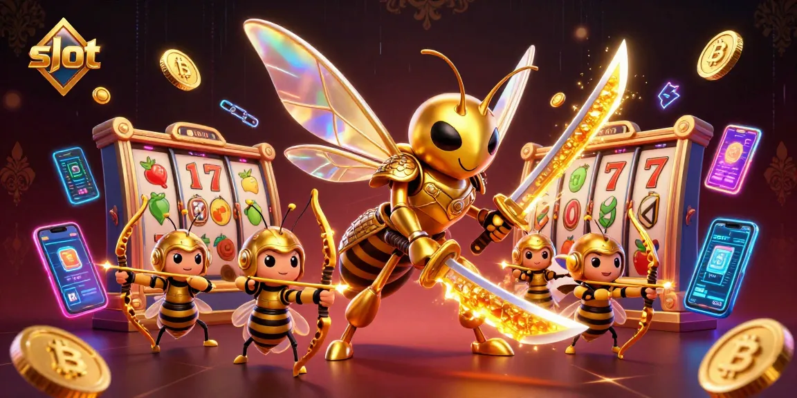 Spinning slot reels highlight a vibrant gaming scene featuring a 3D cartoon hornet wielding honey katanas.