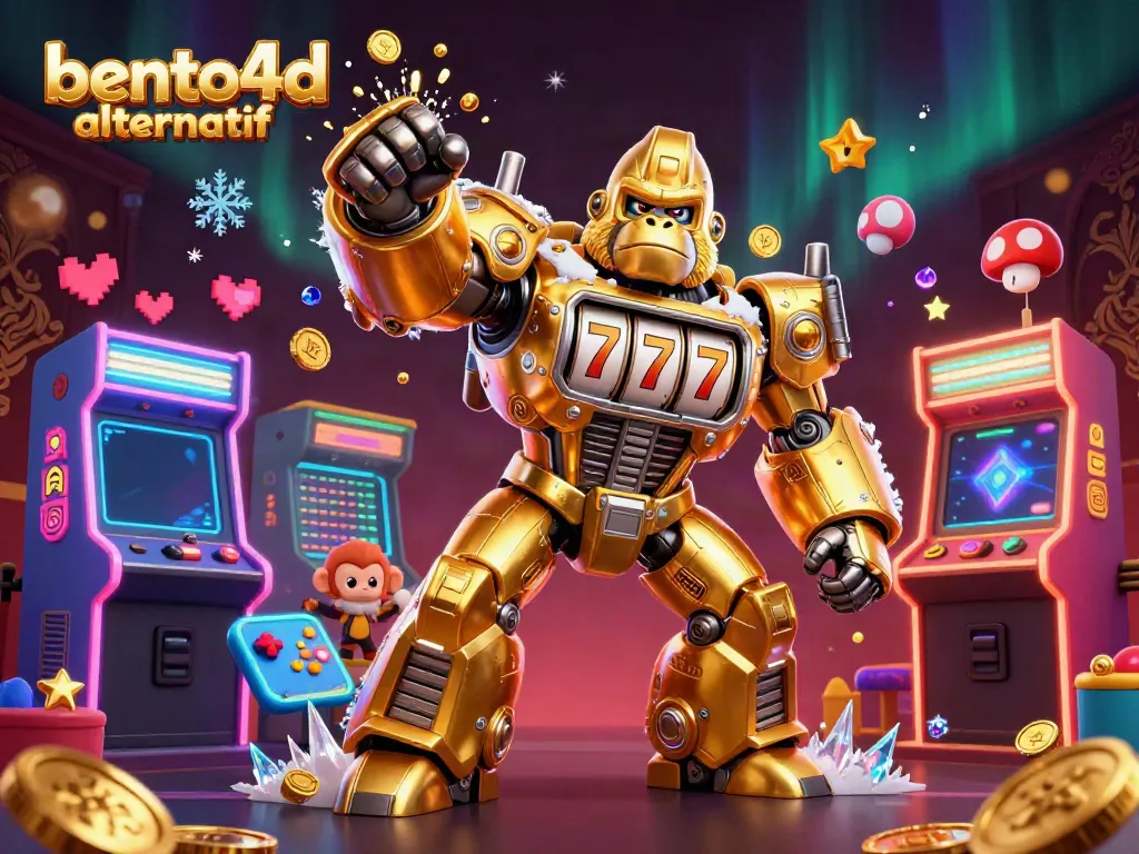 Engage with bento4d alternatif through an exciting scene featuring a golden gorilla mech and fascinating gaming elements.