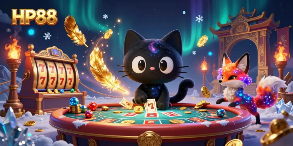 HP88 cat in a cosmic casino scene pulling in chips and cards, vibrant colors and energy.