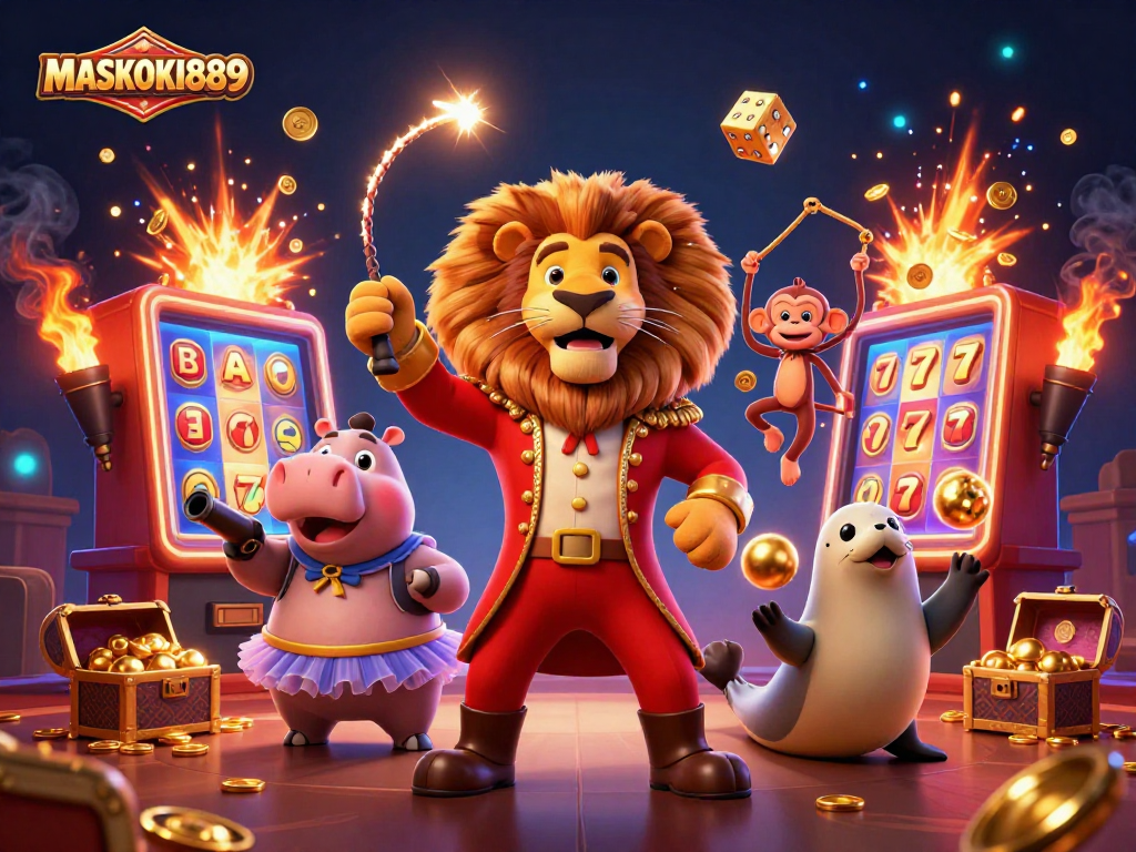 Experience massive wins with MASKOKI889 as a whimsical lion ringmaster leads the casino fun.