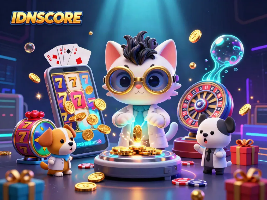 Engage with IDNSCORE in an animated casino world, where vibrant slot game reels and golden coins captivate players.
