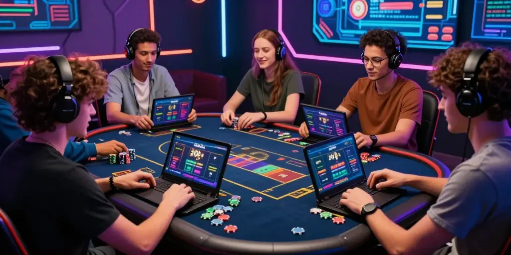 Friends enjoying crypto gaming at 2up.io casino, showcasing thrilling atmosphere.