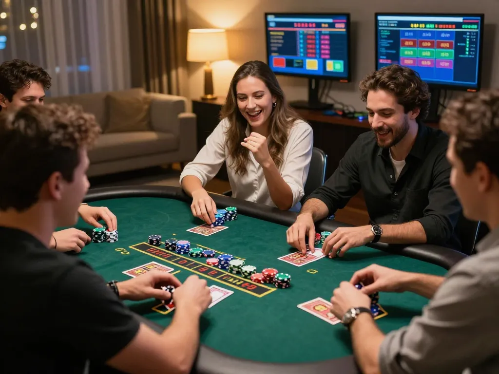 Các người chơi đang lập chiến lược trong một trò chơi Blackjack với nhà cái trực tiếp trên nền tảng Rik vip, thể hiện trải nghiệm game sôi động