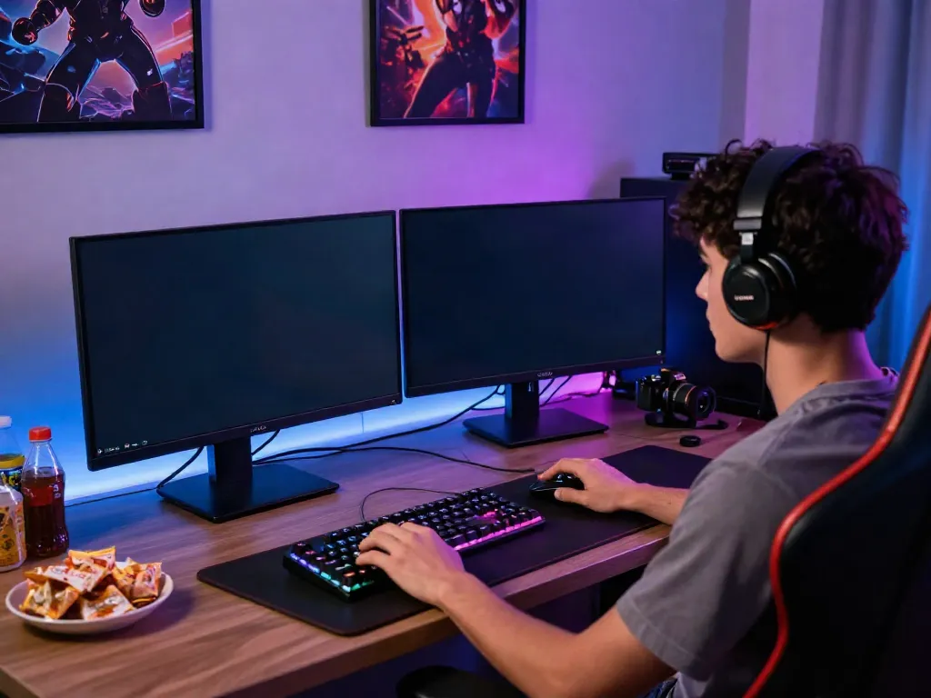 Pengguna menikmati permainan QQGOBET di setup gaming modern dengan monitor dan peralatan gaming berwarna cerah.