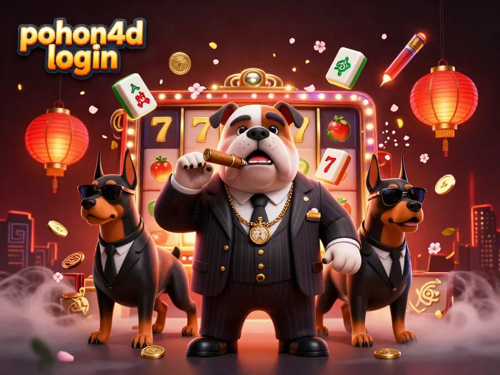 Experience the thrill of pohon4d login amidst dazzling slots and cartoon mafia characters.