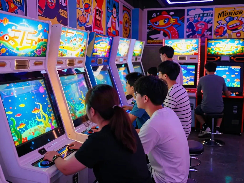 Lại là Bắn cá đổi thưởng - Players enjoying animated fishing games in a lively arcade.