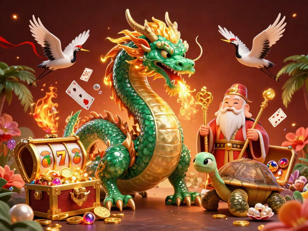 Experience thrilling gameplay at IDC88JOKER with a fiery dragon, lucky cranes, and colorful gaming elements.