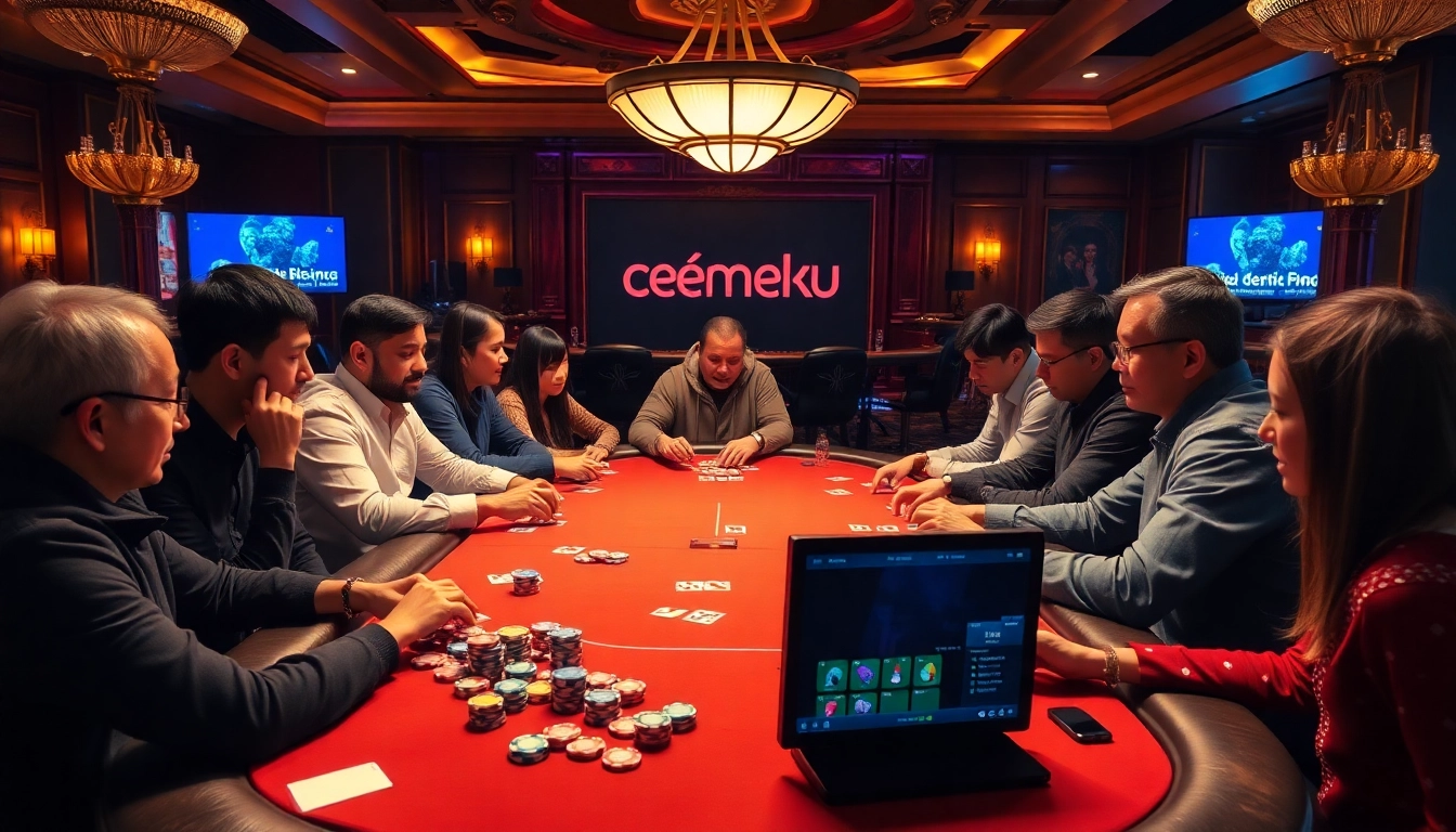 Players enjoying a thrilling online poker game at CEMEKU, showcasing poker chips and cards in an exciting casino setting.
