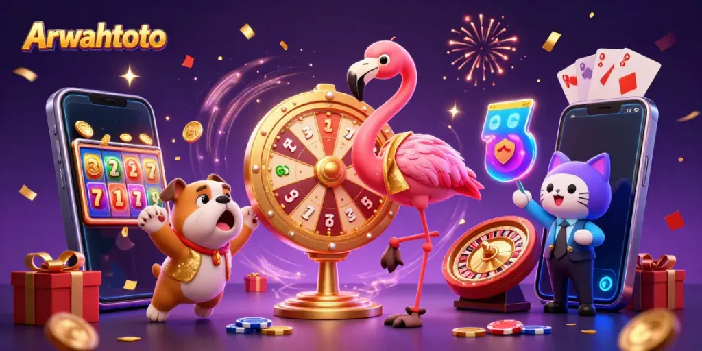 Arwahtoto menunjukkan hiburan permainan lotere dan slot dalam ilustrasi digital 3D yang menarik.