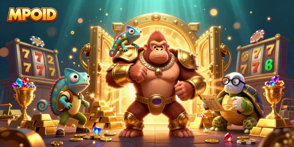 MPOID showcases vibrant casino depth with a powerful gorilla king, colorful game elements, and treasure