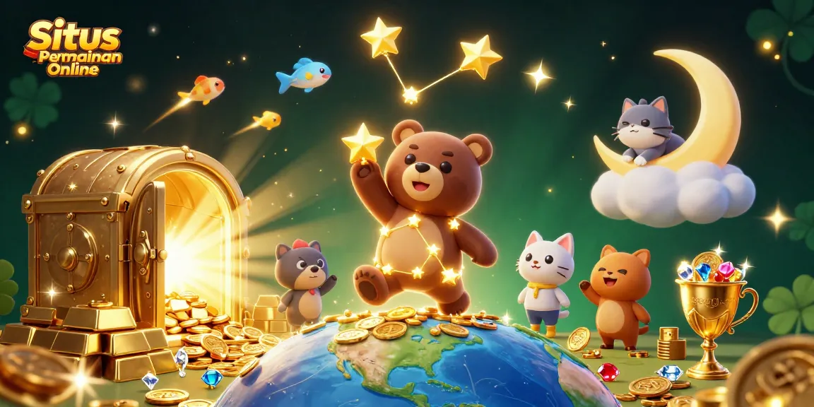 Situs Permainan Online illustrates a whimsical scene with a constellation bear and treasures, evoking excitement in online gaming.