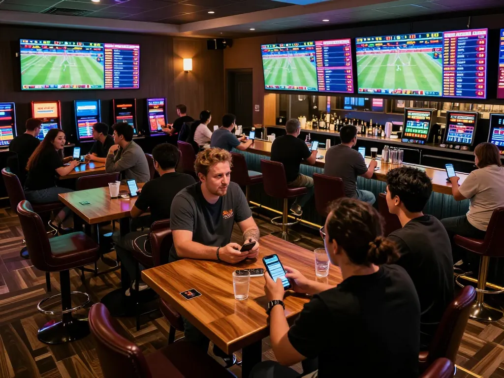 F8 bet patrons engaging in sports betting with mobile devices in a lively lounge setting